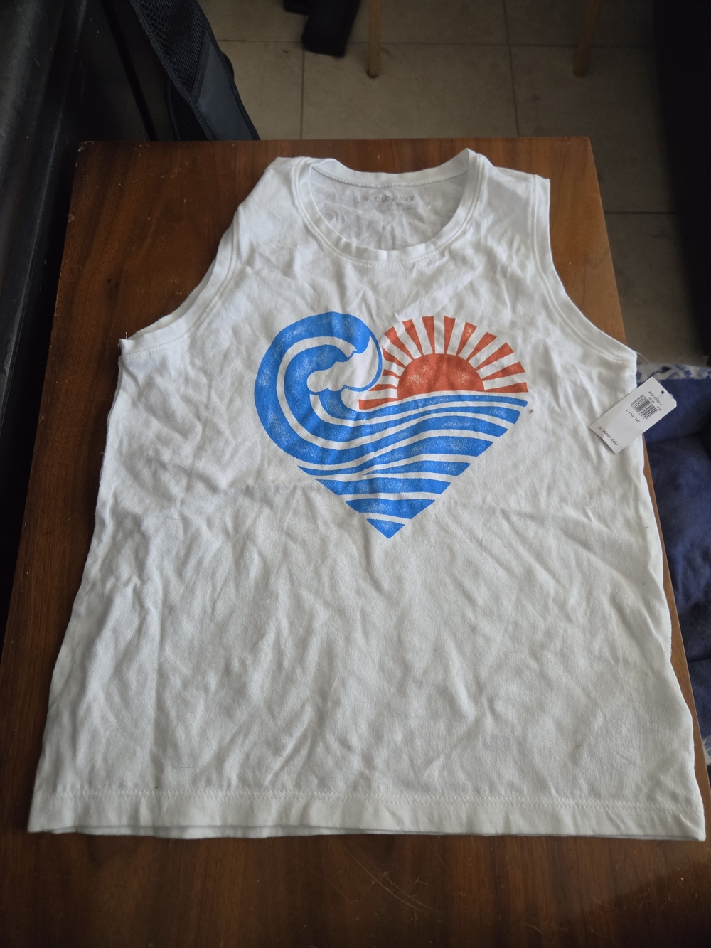 Kids White Tank Top with Blue Wave & Orange Sun Graphic Size 10 - Picture 1 of 1